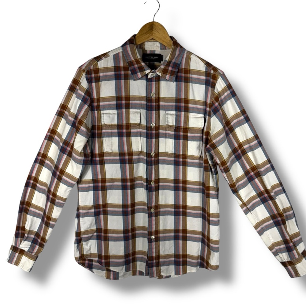 Scotch & Soda Windowpane Plaid Button Front Shirt, Multi Plaid, Size Medium